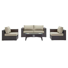Modern Outdoor Patio Lounge Sofa, Chair and Coffee Table Fire Pit Set, Fabric Rattan Wicker, Beige