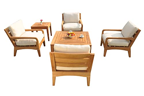 WholesaleTeak Noida 6 Pc Lounge Chair Set: 4 Lounge Chairs, Coffee Table & Side Table with Cushions in Outdoor Fabric #57003 Canvas White #12NO6