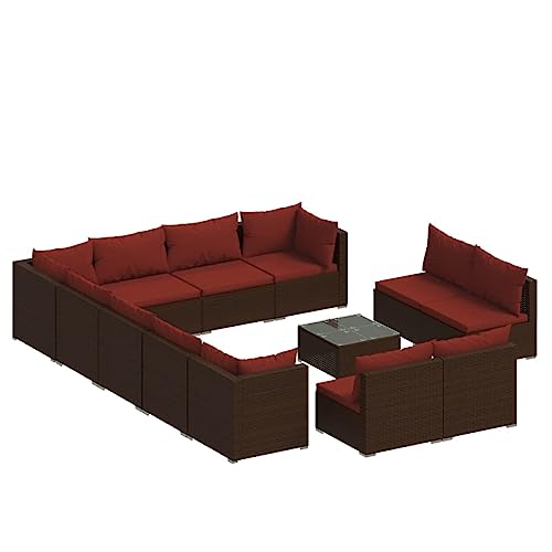 LKJephalotrope 13 Piece Patio Lounge Set with Cushions, Brown Poly Rattan Outdoor Sectional Sofa, Modular Garden Furniture Set for Patio, Backyard and Poolside with Glass Table