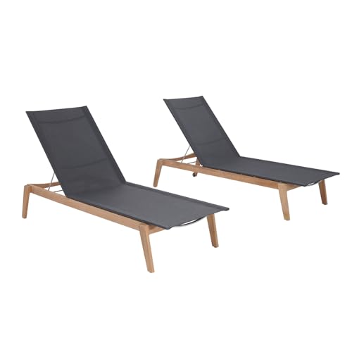 POVL Outdoor Menlo Stacking Teak & Sling Chaise Lounge Set of 2 — Grade A Teak Adjustable Pool Chairs with Wheels & 5-Position Backrest — Luxury Fully Assembled Poolside Furniture (Graphite)