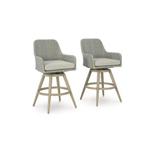 Signature Design by Ashley Seton Creek Weather Resistant Resin Wicker Swivel Outdoor Bar Stools with Cushion, Set of 2 Beige & Light Gray