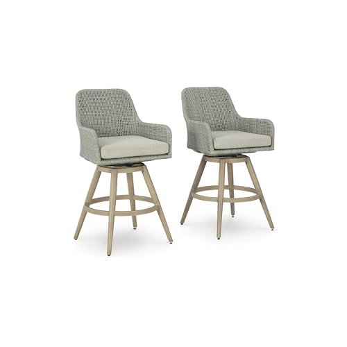 Signature Design by Ashley Seton Creek Weather Resistant Resin Wicker Swivel Outdoor Bar Stools with Cushion, Set of 2 Beige & Light Gray