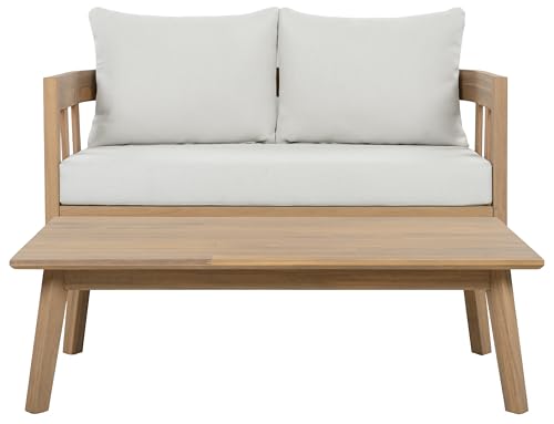 SAFAVIEH Outdoor - Owen Bench + Table Set - Oak Solid Wood & Ivory Cushion - Weather Resistant - Ideal for Patio, Deck, Backyard (PAT7086B)