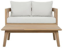 SAFAVIEH Outdoor - Owen Bench + Table Set - Oak Solid Wood & Ivory Cushion - Weather Resistant - Ideal for Patio, Deck, Backyard (PAT7086B)