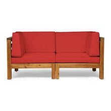 Hassyee 2 Pieces Patio Loveseat Set with Washable&Removable Cushions for Poolside, Backyard, Lawn, Acacia Wood Outdoor Furniture Set with Slatted Armrests and Backrests for Garden, Living Room (Red)
