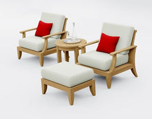 TeakStation 4 Pc Teak Wood Lounge Chair Set: 2 Lounge Chairs, Ottoman & Round Side Table with Cushions in Outdoor Sunbrella Fabric #5404 Canvas Natural