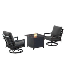 Oakland Living Black Aluminum Patio Fire Table Bistro Set with Two Club Chairs with Black Cushions
