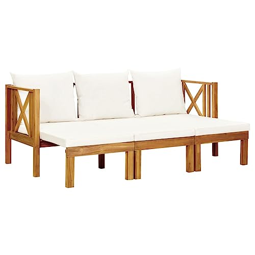 3-Seater Patio Bench with Cushions, Solid Acacia Wood Outdoor Garden Seating, Extendable Bench for Backyard, Porch, and Indoor Use, Cream