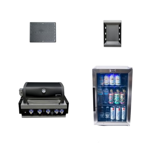 Mont Alpi Premium 32"W x 23"D x 21"H Black Stainless Steel 4-Burner Built-in BBQ Gas Grill Head with Infrared Rear Burner + Rotisserie Kit + Outdoor Rated Refrigerator + Charcoal Tray + Griddle Plate