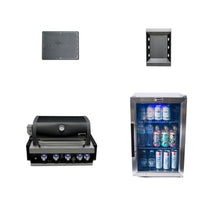 Mont Alpi Premium 32"W x 23"D x 21"H Black Stainless Steel 4-Burner Built-in BBQ Gas Grill Head with Infrared Rear Burner + Rotisserie Kit + Outdoor Rated Refrigerator + Charcoal Tray + Griddle Plate