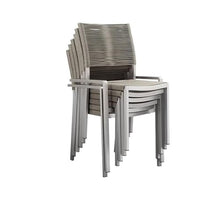 Pemberly Row 7-Piece Aluminum Patio Dining Set, Adjustable Glass Table 70-90 in, Gray Finish, Stacking Rope Chairs, Modern Outdoor Furniture for Garden or Deck Dining Spaces
