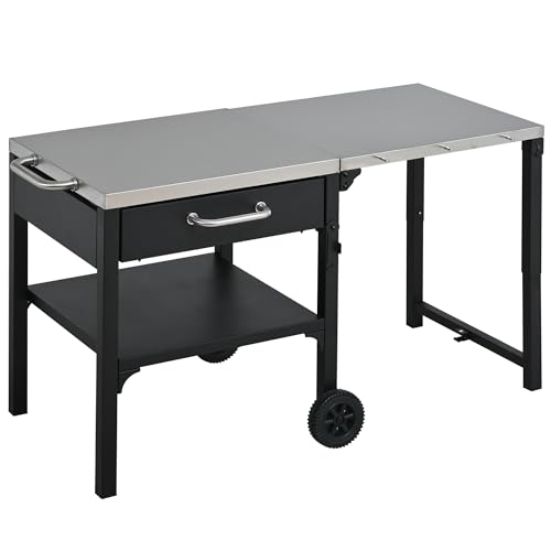 WZONICE98 Outdoor Grill Table, Foldable Stainless Steel Prep Station with Wheels, Portable BBQ Cart with Drawer and Storage Shelf, Folding Grill Table for Camping Patio Backyard, Black