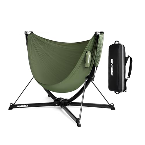 anymaka Set Up in 3 Seconds Swing Chair with Stand，Outdoor Indoor Adjustable Portable Aluminum Alloy Hammock Chair (Swing Chair Set Forest Green)