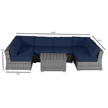 Hassyee Outdoor Sectional Sofa Set with Coffee Table and UV Resistant Frame for Poolside, Backyard, Patio Furniture Set with Dark Blue Cushions for Lawn, Balcony, Garden