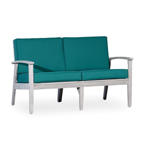 Kaimei Eucalyptus Loveseat with Cushions, Silver Gray Finish, Dark Green Cushions - Outdoor Deep Seat Patio Furniture