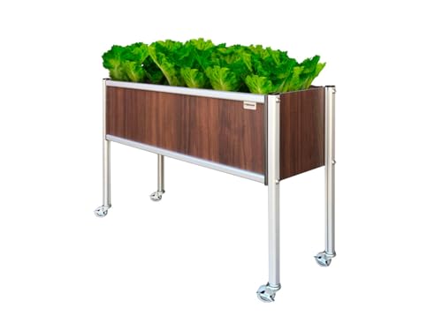 Foreman Raised Garden Bed 36”Lx12”Wx27”H Premium HPL Plastic Wood Grain Aluminum Legs with Lockable Wheels Elevated Planter Box for Backyard Patio Balcony, Tosca