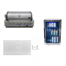 Mont Alpi Stainless Steel Outdoor Kitchen Island 44"W 6-Burner Built-in BBQ Gas Grill Head with Infrared Burner + 2.7 Cu Ft Glass Door Refrigerator + 40"W x 21"H Storage Magnetic Double Access Doors