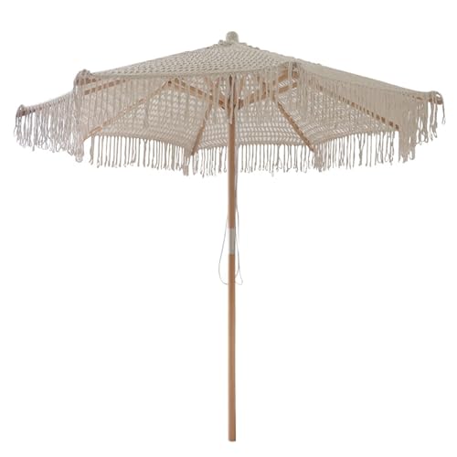 XOBRJQZ Beach Umbrella with Tassel, Decorative Garden Umbrella with Rope Pulley System, 48mm Wood Pole