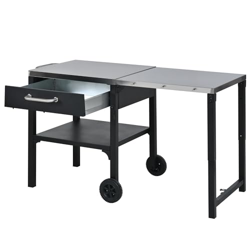 Brand Foldable Outdoor BBQ Prep Station, Grill Cart with Storage & Trash Rack, Portable Patio Kitchen Island, Black (Black, Kitchen Cart)