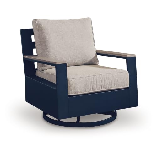 Beco Outdoor Swivel Glider Chair, Beige Nuvella Cushions, Navy Blue Metal