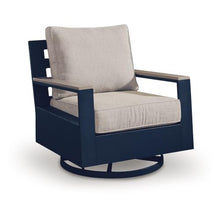 Beco Outdoor Swivel Glider Chair, Beige Nuvella Cushions, Navy Blue Metal