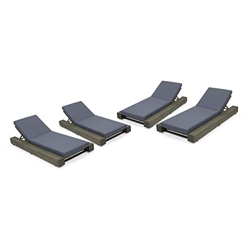 Great Deal Furniture Outdoor Acacia Wood Chaise Lounge Cushion Set of 4 Sandblast Gray Finish, Dark Gray