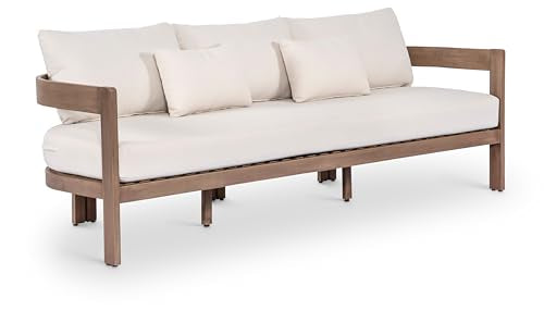 Meridian Furniture 396Cream-S Newport Collection Modern | Contemporary Outdoor Patio Sofa with Acacia Wood, Thermowood Treatment, Cover Inlcuded, Water Resistant, 86.75" W x 30.25" D x 33.25" H, Cream