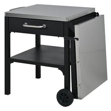 WZONICE98 Outdoor Grill Table, Foldable Stainless Steel Prep Station with Wheels, Portable BBQ Cart with Drawer and Storage Shelf, Folding Grill Table for Camping Patio Backyard, Black