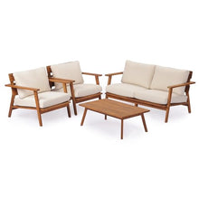 YJSPSSW 4-Piece Mid-Century Modern Acacia Wood Patio Seating Set – Outdoor Conversation Set with Loveseat, Club Chairs & Slatted Coffee Table + Weather-Resistant Cushions