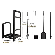 Firepits Fireplace Firewood Stand Log Rack with 4-Piece Tools Set Wood Storage Stacking Holder Patio Deck (Black 40×35×68 cm)
