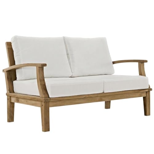 Outdoor Escape White Outdoor Patio Teak Loveseat with Cushioned Seat, Durable Wooden Frame, Modern Outdoor Furniture for Garden, Patio, Deck