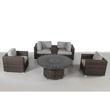 Hassyee 6 Pieces Wicker Sofa Set with Round Fire Pit and Washable Cushions for Lawn, Poolside, Outdoor Furniture Set with Side Table & Cup Holder for Backyard, Balcony