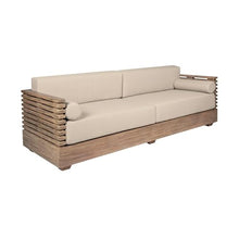 Armen Living Vivid Outdoor Patio Sofa in Light Eucalyptus Wood with Taupe Olefin Cushions