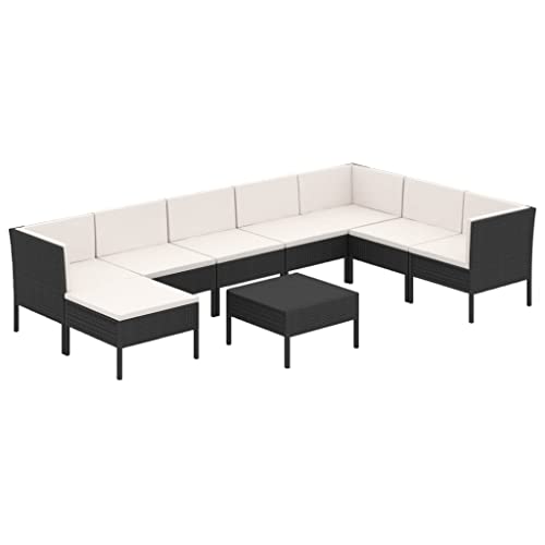 Heofavd 9-Piece Modular Patio Furniture Set in Matte Black PE Rattan Outdoor Sectional Sofa with Cream Cushions Square Table Seats 9 for Garden Balcony Backyard and Terrace
