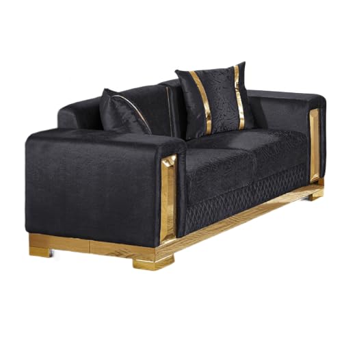 Benzara Loveseat with 2 Pillows, Barrel Back, Gold Base, 68 Inch Black
