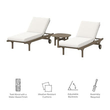 Modway Saratoga Teak Wood Set of 2 Chaise Lounge Chairs and Side Table in Weathered Gray White - 3-Piece Outdoor Furniture Set