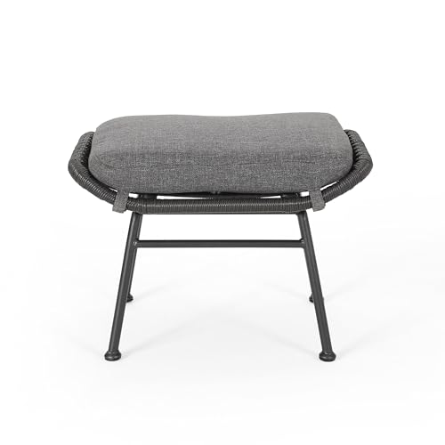 Benzara Margo Outdoor Ottoman Set of 2, 24 Inch Iron with Cushion Gray Black