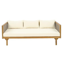 Christopher Knight Home Outdoor 3 Seater Acacia Wood Daybed with Fabric Water Resistant and Removable Cushions, Patio Garden Poolside Sofa with Wicker Armrest and Slat Paneling Back, Teak and Beige
