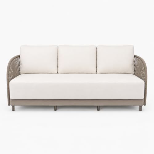 Outdoor Couch Elementi Malibu Patio Sofa, 3 Seat Outdoor Patio Furniture Sofa with Aluminum Rope Frame and Sunbrella Canvas 5453 Cushions, Taupe, 89.8 x 33.1 x 30.7 in