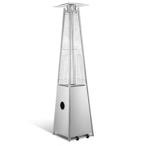 40,000 BTU Steel Portable Propane Outdoor Patio Heater with Glass Flame Tube – Silver Square Pyramid Freestanding Design with Wheels & Easy Ignition – Outdoor Heater for Deck, Patio, Poolside, Events