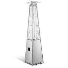 40,000 BTU Steel Portable Propane Outdoor Patio Heater with Glass Flame Tube – Silver Square Pyramid Freestanding Design with Wheels & Easy Ignition – Outdoor Heater for Deck, Patio, Poolside, Events