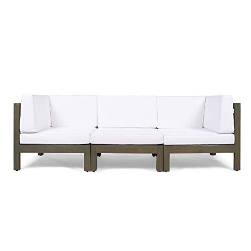 GDFStudio Outdoor Sectional Sofa Set | 3-Seater | Acacia Wood | Water-Resistant Cushions | Gray and White