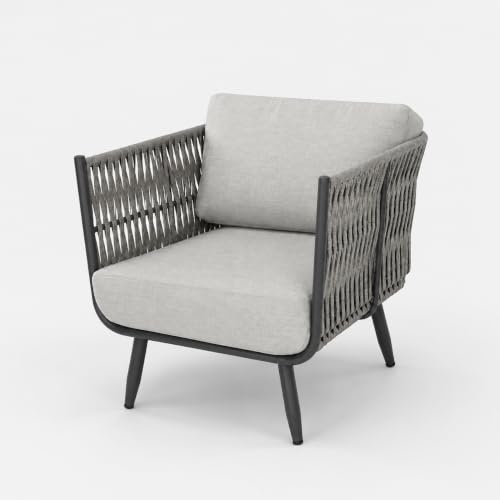 Outdoor Lounge Chair Elementi Milano Patio Lounge Chair, Aluminum and Rope Outdoor Armchair with Canvas Granite 5402 Cushions, Dark Gray Frame, 29.5 x 30.3 x 28.3 in