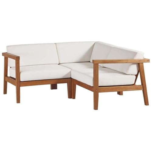 Afuera Living 3-Piece Patio Sectional Sofa, Solid Teak Wood, Natural and White Finish, Water and UV-Resistant Cushions, Machine Washable Covers, Slanted Back Design, Outdoor Seating Set