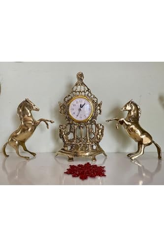 SODEF Brass Casting Fireplace Set with Galloping Horse Statues and Clock - Retro Style 3-Piece Decor Set - Includes Two 8-inch Horses and One 11-inch Clock - Refined Home Accent - Yellow