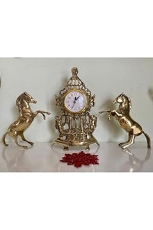 SODEF Brass Casting Fireplace Set with Galloping Horse Statues and Clock - Retro Style 3-Piece Decor Set - Includes Two 8-inch Horses and One 11-inch Clock - Refined Home Accent - Yellow