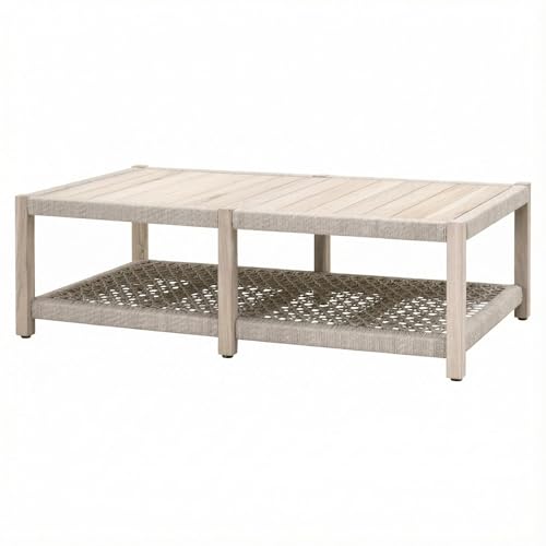 Outdoor Escape Beige Outdoor Coffee Table with Solid Teak Wood Frame, Polyolefin Rope Upholstery, Single Shelf, Transitional Design