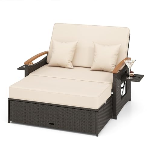 LDAILY Moccha Outdoor Wicker Daybed, Patio Rattan Loveseat Sofa w/ 4-Level Adjustable Backrest, Folding Panels, Storage Ottoman & Cushions, Lounge Furniture Set for Poolside Backyard Porch (Beige)