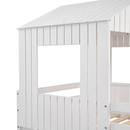 Harper & Bright Designs Twin Over Full House Bunk Bed with Slide and Roof White
