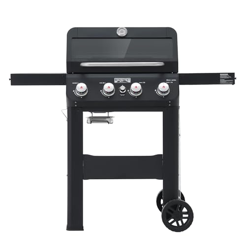 Monument Grills 4-Burner Liquid Propane Gas Grill, Matte Black Stainless Steel Burner Grill with Clearview® Lid and One Foldable Shelf for Outdoor Cooking Kitchen Patio Backyard Barbecue, Mesa420MF